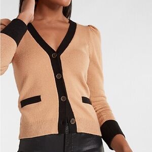 EXPRESS Contrast Trim Button Up Tan Cardigan with Black Trim XS